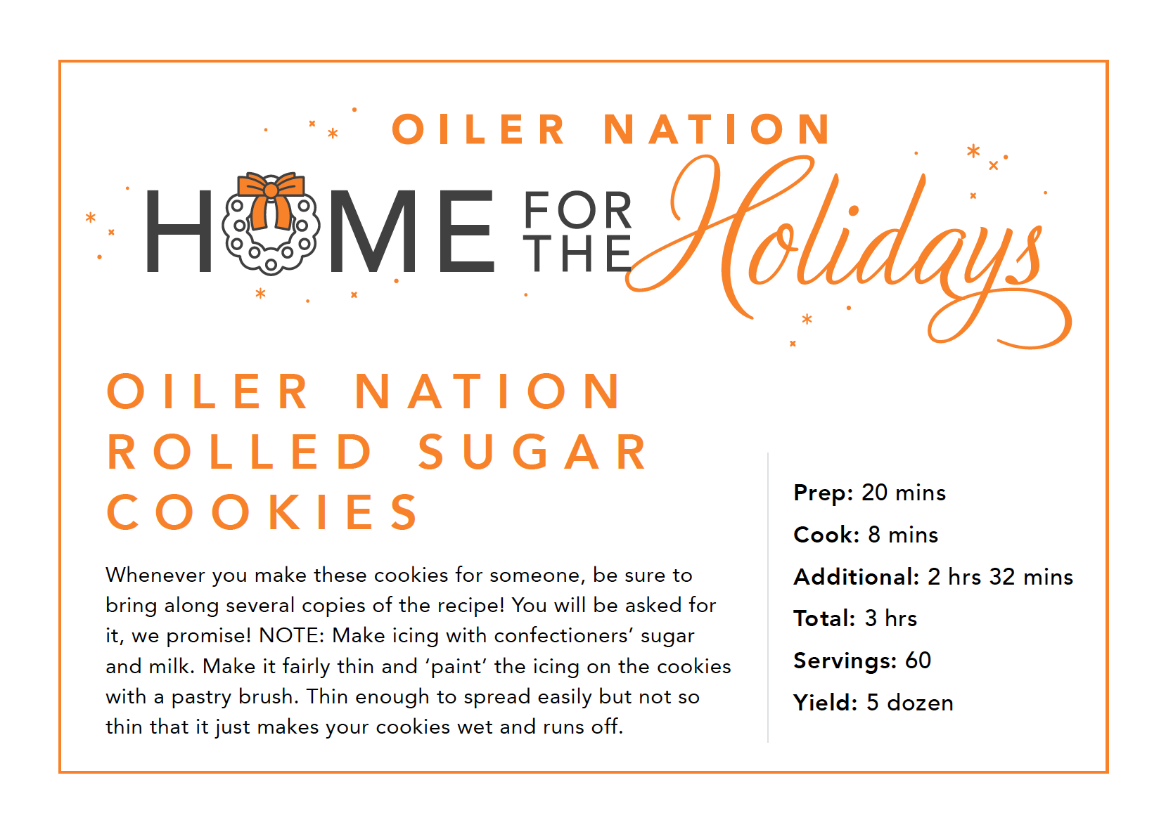 Oiler Nation Home for the Holidays cookie recipe card